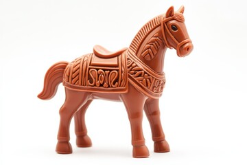 Fototapeta premium Toy Horse. Plastic Toy Horse Isolated on White Background with Tribal Brown Patterns