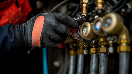 Fototapeta premium Pump Maintenance: A technician performing maintenance on a water pump, equipped with tools and wearing safety gear. The focus is on the technician's hands as they inspect the pump's components.