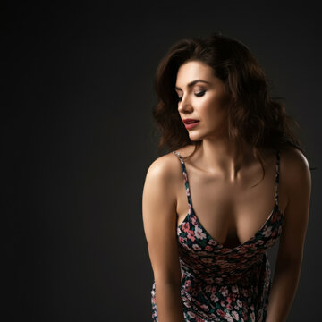 Beautiful sexy woman in a casual everyday dress, she lifting up the dress, beautiful legs, hot skin. Studio background.