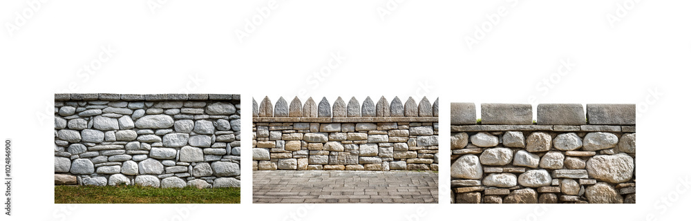 Poster a wall made of three sections of different sizes and shapes of stones, with a paved walkway in front