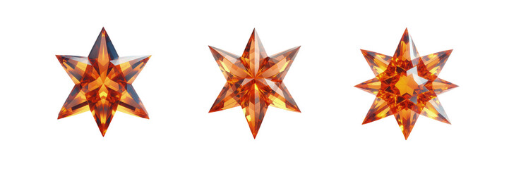 Set of Orange crystal star-shaped gemstone, isolated over on transparent white background