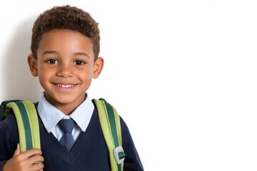 Schoolboy with school bag in school uniform on white background