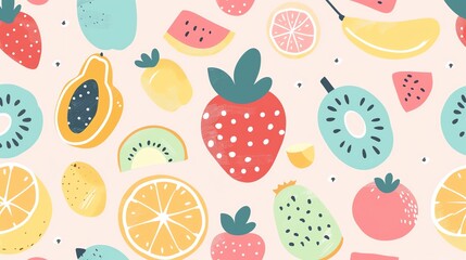 A seamless pattern of tropical fruits and leaves on a pink background.