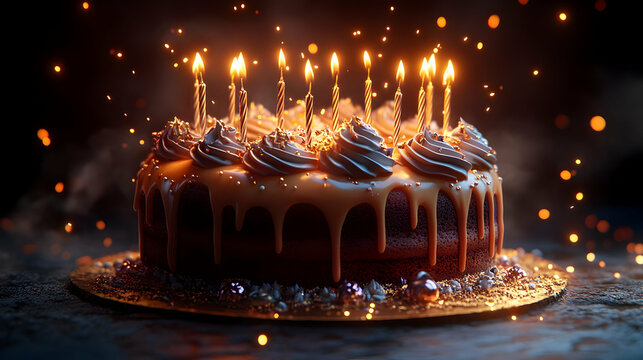 A chocolate cake adorned with candles and caramel drizzles.
