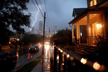 Fototapeta premium A powerful lightning bolt cuts through the cloudy night sky, illuminating a cityscape with tall skyscrapers and residential houses soaked by the rain.