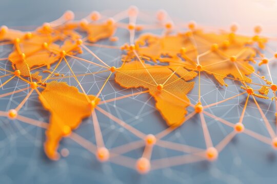Global network concept with abstract orange world map and interconnected lines on a digital surface, representing international connections.