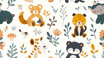 A seamless pattern of cute cartoon animals in the forest.