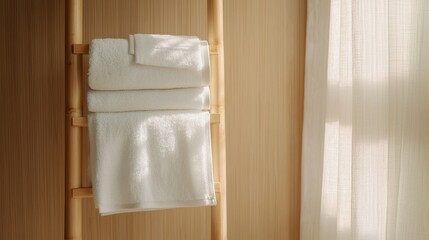 Soft white towels neatly arranged on a bamboo rack in a serene bathroom setting.