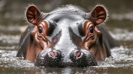 Hippopotamus emerging from a waterhole, captured in close-up, with room for copy in the surrounding space