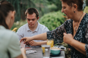 A joyful moment of family bonding as a boy with Down syndrome, a girl in a wheelchair, and an older woman enjoy playing cards together outdoors.