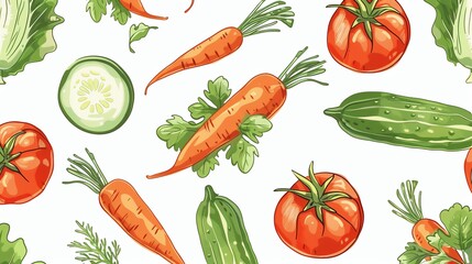 A seamless pattern of fresh vegetables on a white background, including carrots, tomatoes, zucchini, and lettuce.