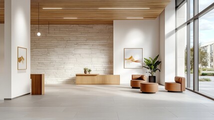 Modern Office Lobby Interior, Stone Wall, Wood Ceiling, Comfortable Seating Area, Natural Light