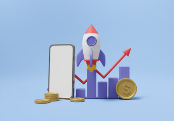 3D rendered illustration of a rocket launch icon over a graph with an uptrend with a mobile phone and a pile of dollar gold coins. Convergence of digital investing financial growth and wealth