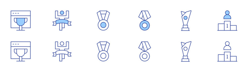 Winner icon set in two styles, Duotone and Thin Line style. Editable stroke. best employee, medal, trophy, finish line
