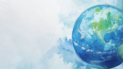 a handcrafted watercolor illustration of the Earth, showcasing vibrant blue oceans and lush green continents. The artistic style gives it a soft, gentle appearance, evoking themes of nature