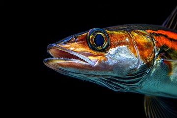 Fototapeta premium Mystic portrait of Yellowmouth Barracuda, copy space on right side, Close-up View, isolated on black background