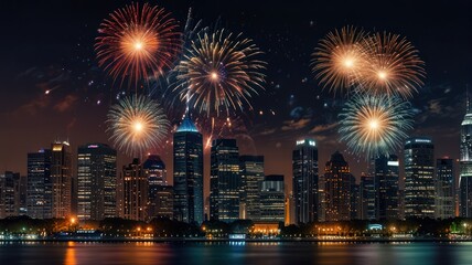 A beautiful cityscape with fireworks exploding over the city at night.