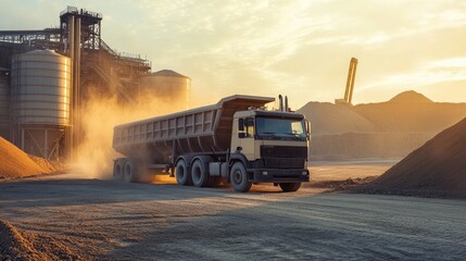 Large truck unloading grain into a storage facility, with space for copy in the background. No people visible