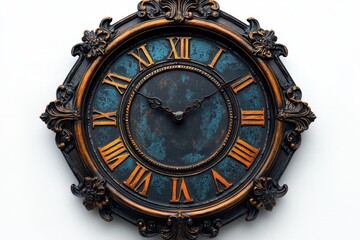 A solitary vintage clock with intricate details and Roman numerals, emphasizing the passage of time, isolated on white background. 