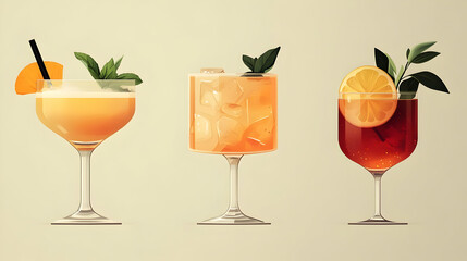 Three colorful cocktails displayed in elegant glasses.