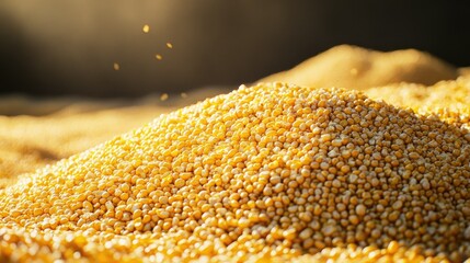 Piles of harvested corn kernels ready for processing, with space for text or branding in the background