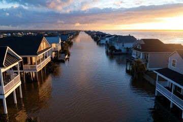 Obraz premium A serene sunset highlights a coastal community with houses on stilts in a flooded area, capturing the enchanting interplay of rising waters and adaptive architecture.