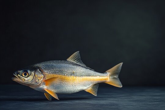 the beside view American Shad, left side view, white copy space on right, Isolated on dark Background
