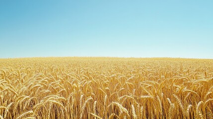 Naklejka premium Rows of golden wheat in a sunlit field, with wide open sky above for copy space. No people visible