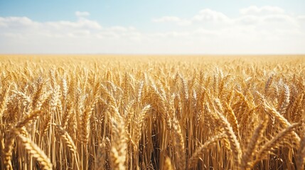 Naklejka premium Rows of golden wheat in a sunlit field, with wide open sky above for copy space. No people visible