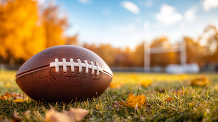 A solitary football rests on a grassy field amidst vibrant autumn leaves, embodying the spirit of the game in a picturesque outdoor setting.