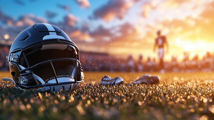 A close-up of a football helmet resting on grass during sunset. The glowing sky creates a vibrant backdrop that highlights the spirit of the game.