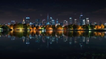 Fototapeta premium A city skyline at night, reflected in a calm lake. The skyscrapers are lit up, casting a warm glow on the water. The trees in the foreground are silhouetted against the night sky.