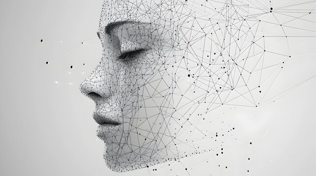 Digitalized facial mesh with abstract lines and dots representing the technological advancements and the of intelligence in modern society