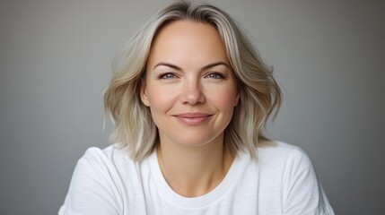 Portrait of a Happy and Confident Woman with Short Blonde Hair, Smiling at the Camera