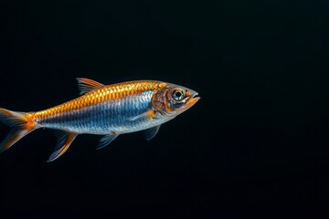 Fototapeta premium the beside view Blueback Herring, left side view, white copy space on right, Isolated on dark Background
