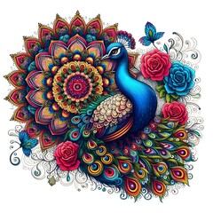 Flowers and a peacock surround a peacock golden with colored roses  © Mohamed Salem