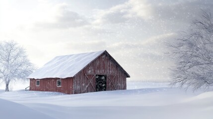 Snow-covered barn with a blank, cloudy sky for text or design
