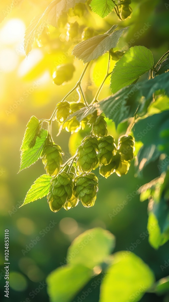 Wall mural close-up of fresh green hops cones hanging from vines, bathed in golden sunlight.