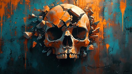 A fractured skull with jagged geometric shapes breaking apart, surrounded by abstract graffiti elements and erratic paint splashes. Neon orange and deep blue colors dominate the scene,