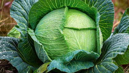 Fototapeta premium Cabbage (brassica oleracea) covered in dew in Fairbanks, Alaska