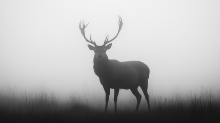 Obraz premium A majestic red deer stag stands in a misty field, its antlers silhouetted against the pale sky.
