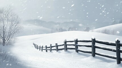 Snow-covered fence and rolling hills in the background, large open space for text