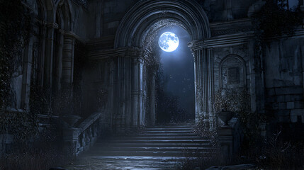 A full moon shines through an arched doorway in a dilapidated building.