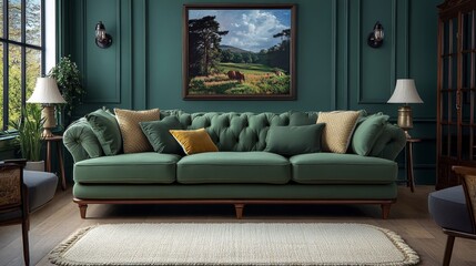 Elegant Green Velvet Sofa with Wooden Frame in Classic Luxurious Interior Living Room.