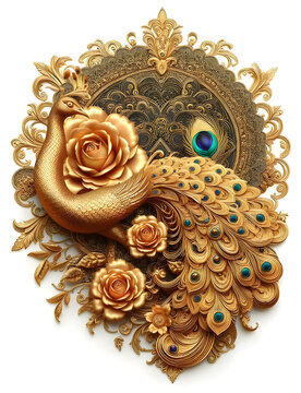 Flowers and a peacock surround a peacock golden with colored roses	