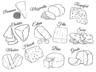 Collection of various kind of cheese hand drawn outline drawing vector food illustration set1