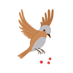 Сute bird picks berries in flight. Vector illustration on a white background.