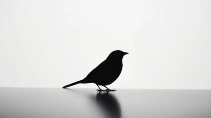 Obraz premium A lone bird in black silhouette, sitting still against a clean white backdrop, creating a simple yet impactful visual.