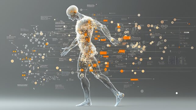 Futuristic 3D human figure with a detailed genome map and genetic markers overlaying the body representing the advancement of biotechnology medical research and personalized healthcare