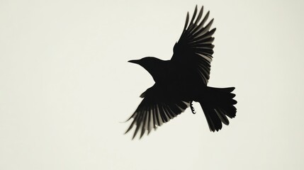 Obraz premium Black silhouette of a bird mid-flight, starkly set against a bright white background, emphasizing simplicity and contrast.